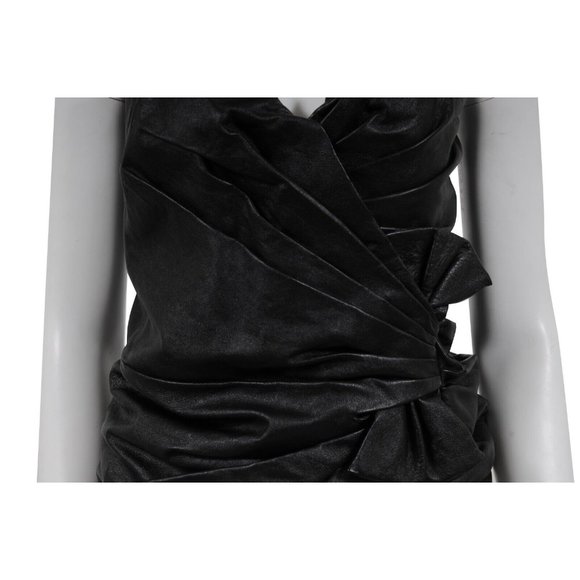 Saint Laurent Womens Strapless Mini Dress Size 38 Black Leather Side Bow Ruffled - Picture 2 of 13